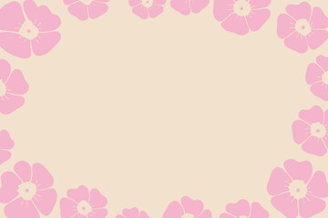 Pink floral border vector illustration on soft beige background with delicate flower design, place for a text