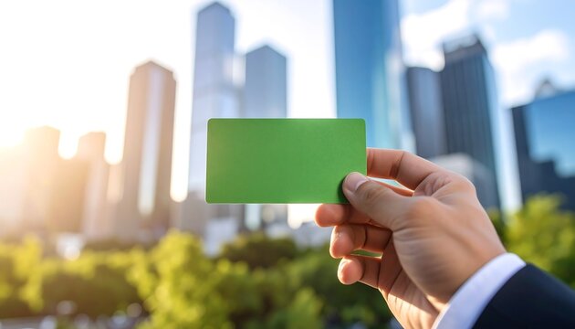 Hand holding blank green card, modern cityscape background, sunny day - Powered by Adobe
