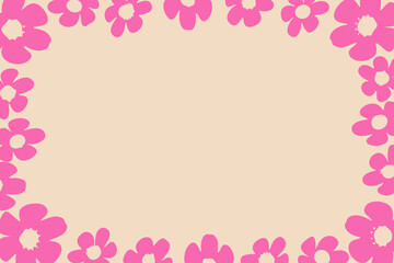 Pink floral border vector illustration with playful flower frame on beige background, place for a text