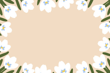 White crocus flower border vector illustration with green leaves and beige background, place for a text