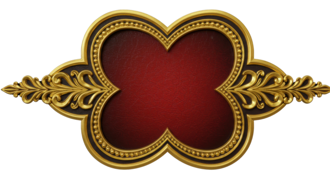Ornamental quatrefoil frame in gold and red isolated PNG with Transparent Background