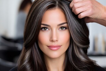Hairdresser showing gray hair coverage treatment on client