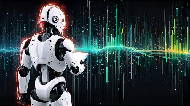 Futuristic Humanoid Robot in Motion Holding Notepad with Glowing Sound Waves and Digital Bars in Tech-Inspired AI Environment