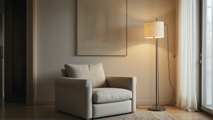 Serene Living Space: A cozy interior design, a comfortable armchair beside a modern standing lamp. Natural light softly illuminates the room, creating a sense of relaxation and inviting ambiance.