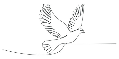 Flying Dove in clouds. One continuous line. Pigeon bird symbol of peace and Freedom, Pentecost. Simple linear drawing.