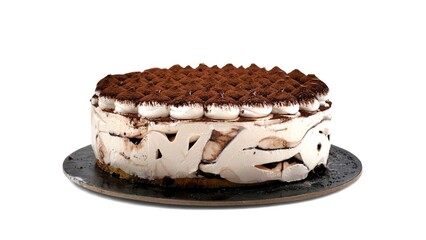 Closeup view of a delicious Tiramisu ice cream cake featuring a cocoa powder topping, rich espresso-infused layers, and creamy mascarpone swirls, isolated on a white background.