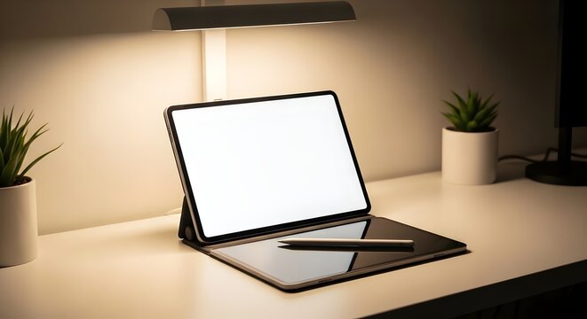 Minimalist workspace mockup: A modern desk with a digital tablet, two small plants, and a stylish pen, all bathed in warm, soft lighting create an ideal minimalist office aesthetic. 