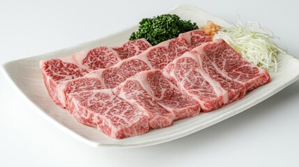 Fototapeta premium High-Quality Beef Slices Served on Plate with Green Herbs and Garnish Ideal for Gourmet Cooking and Fine Dining Experiences