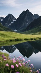 Mountain Reflection in a Calm Lake with Blooming Flowers