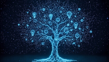 Neon Circuit Tree with Holographic Icons, Digital Innovation Concept