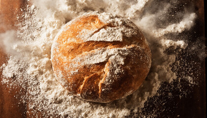 Artisan Bread Loaf Exploding in Flour Storm on Aged Wooden Board, Golden Light