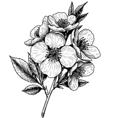 Elegant hand-drawn vector illustration of cherry blossoms with detailed petals, leaves, and buds in monochrome line art style, perfect for botanical designs and decorative purposes.