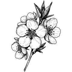 Elegant hand-drawn vector illustration of cherry blossoms with detailed petals, leaves, and buds in monochrome line art style, perfect for botanical designs and decorative purposes.