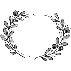 Hand-drawn floral wreath vector in black and white with leaves and small blossoms forming a circular frame, perfect for invitations, cards, and decorative designs.