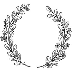 Hand-drawn floral wreath vector in black and white with leaves and small blossoms forming a circular frame, perfect for invitations, cards, and decorative designs.