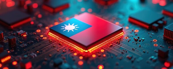 Taiwan flag on microchip. Semiconductor industry tech, innovation, progress. Digital circuitry board with red glowing. Modern digital technology processing chip. Digitalization, global innovation,