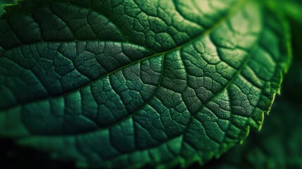 A vivid macro shot of a vibrant green leaf showcasing intricate vein patterns