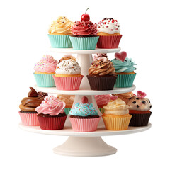 A three tiered stand displaying an assortment of colorful cupcakes with various toppings and wrappers on transparent background