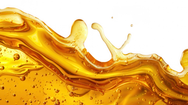 Golden liquid with bubbles splashing against a transparent background in a dynamic composition