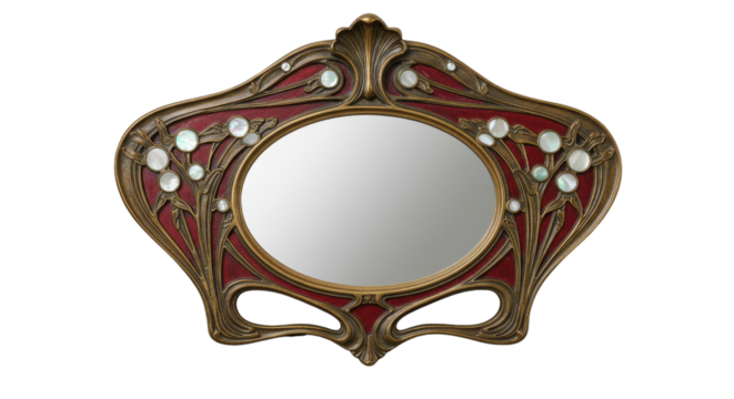 Vintage Art Nouveau style decorative wall mirror in ornate bronze and red frame isolated