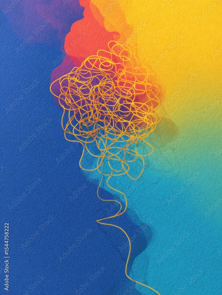 Poster tangled thread representing mental overload contrasted by calming gradient hues of blue, yellow, and