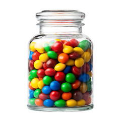 A glass jar filled with colorful candies stacked on top of each other on a black background on transparent background