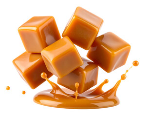  Flying Caramel Cubes Isolated on White Background Cutout PNG