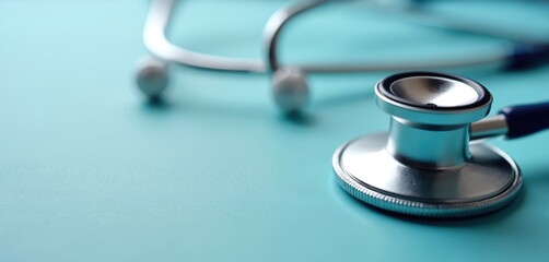 Close-up image of stethoscope on light blue background. Shiny medical tool, stethoscope for auscultation. Symbol of health care, medicine, diagnosis, cardiology, doctor. Medical equipment for