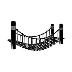 Silhouette of a simple wooden rope bridge with support pillars.
