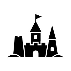 Black silhouette of a sandcastle with a flag on top, set against a white background.