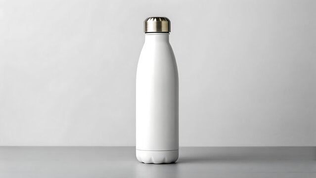 Blank white insulated water bottle mockup on gray surface