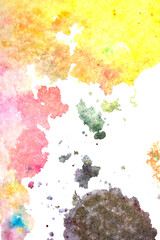 Vibrant Explosion of Multicolour Rainbow Watercolour Paint Splatters and Circles Spots on White Background