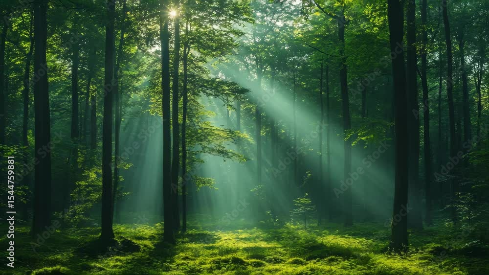 Poster in a serene forest, sunrays cascade through towering trees, illuminating the mossy floor and creatin