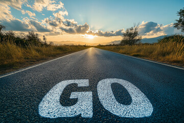 Asphalt road with GO word on grass field representing motivation and journey toward success