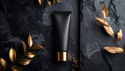 Dark Cosmetic Tube Mockup with Gold Accents on Dark Textured Background 