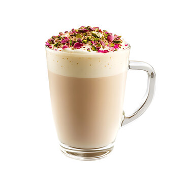 A glass mug filled with a creamy latte topped with whipped cream and garnished with dried rose petals and pistachios.