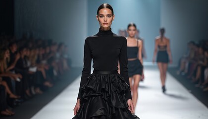 Model wears black top ruffled skirt at fashion show. Woman walks runway. Fashion event. Audience watching. Stylish outfit for catwalk show, presentation. Glamour, elegance. Designer clothing