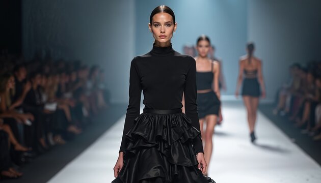 Model wears black top ruffled skirt at fashion show. Woman walks runway. Fashion event. Audience watching. Stylish outfit for catwalk show, presentation. Glamour, elegance. Designer clothing - Powered by Adobe