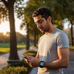 A young Middle Eastern man wearing a smartwatch checking his fitness stats after a morning run in a city park. The background includes modern buildings, trees, and other joggers. The lighting is soft 