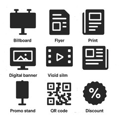 Advertising Icons Grid. Solid, filled icons set of advertising materials: billboard, flyer, media kit, digital