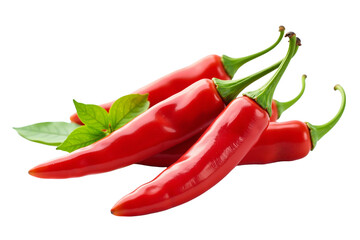 A close-up of glossy red chili peppers with vibrant green leaves on a transparent background.
