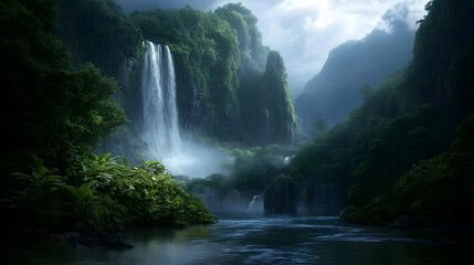 Fototapeta premium A majestic waterfall surrounded by high cliffs and a tranquil mountain stream, with lush vegetation growing along the water’s edge.