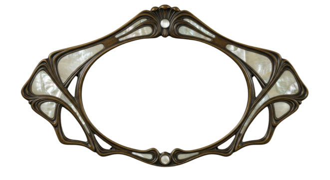 Ornate Antique Art Nouveau Bronze Metal Frame Border with Mother of Pearl Inlay Isolated