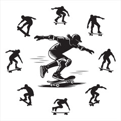 Freestyle Skateboarding Action Silhouettes Collection of Youth Performing Tricks