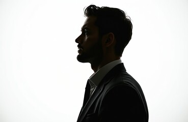 Silhouette profile view young unshaven businessman wearing suit. Side view of adult male with dark beard, hair, business attire isolated on white background. Portrait of person in studio with light.