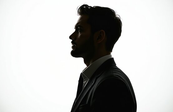 Silhouette profile view young unshaven businessman wearing suit. Side view of adult male with dark beard, hair, business attire isolated on white background. Portrait of person in studio with light.
