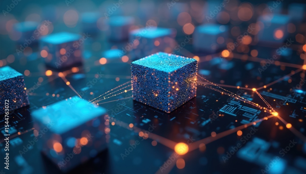 Poster digital data cubes interconnected network architecture. tech concept of big data, cloud computing, n