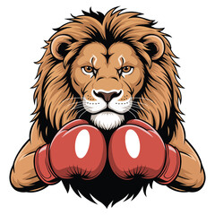 Vector illustration. Anthropomorphic lion on white background with red boxing gloves. Mascot, logo for sports organizations, clubs, schools