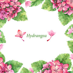 Decorative botanical frame made of hand-painted watercolor pink hydrangea flowers and lush green leaves arranged around the edges with empty space in the center.