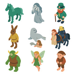 Celtic Mythology Icons. Isometric Flat icon set of mythological Celtic creatures: Kelpie, Banshee, Leprechaun, P&uacute;ca, Selkie,